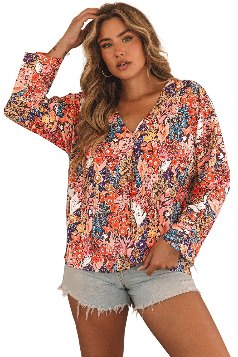 Boho Floral Long Sleeve V-Neck Blouse