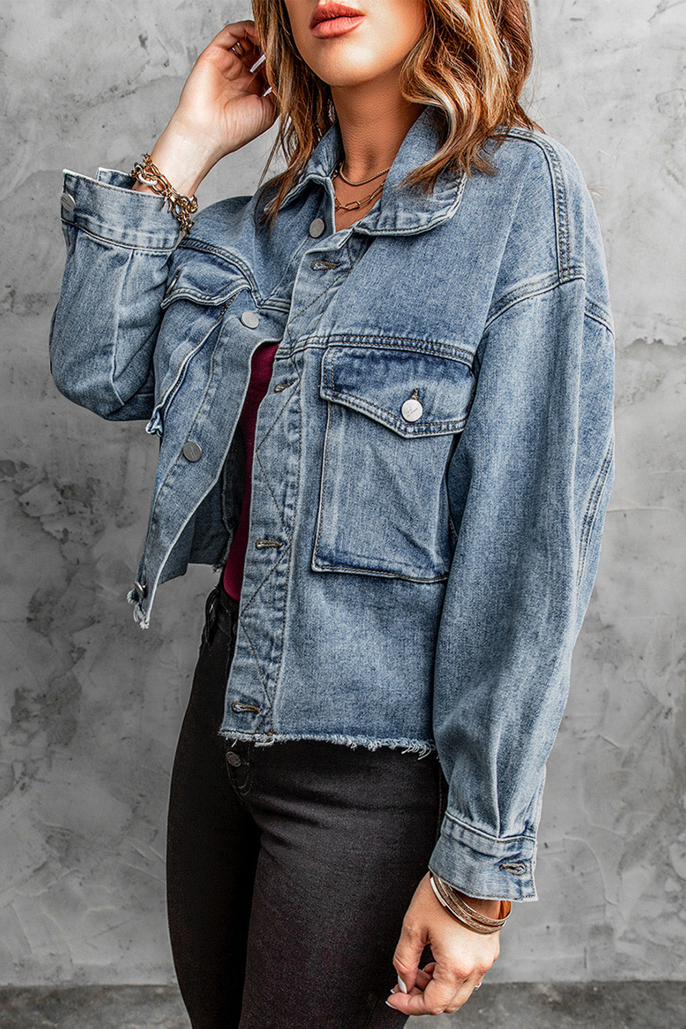 Elastic Hemline Acid Wash Denim Jacket