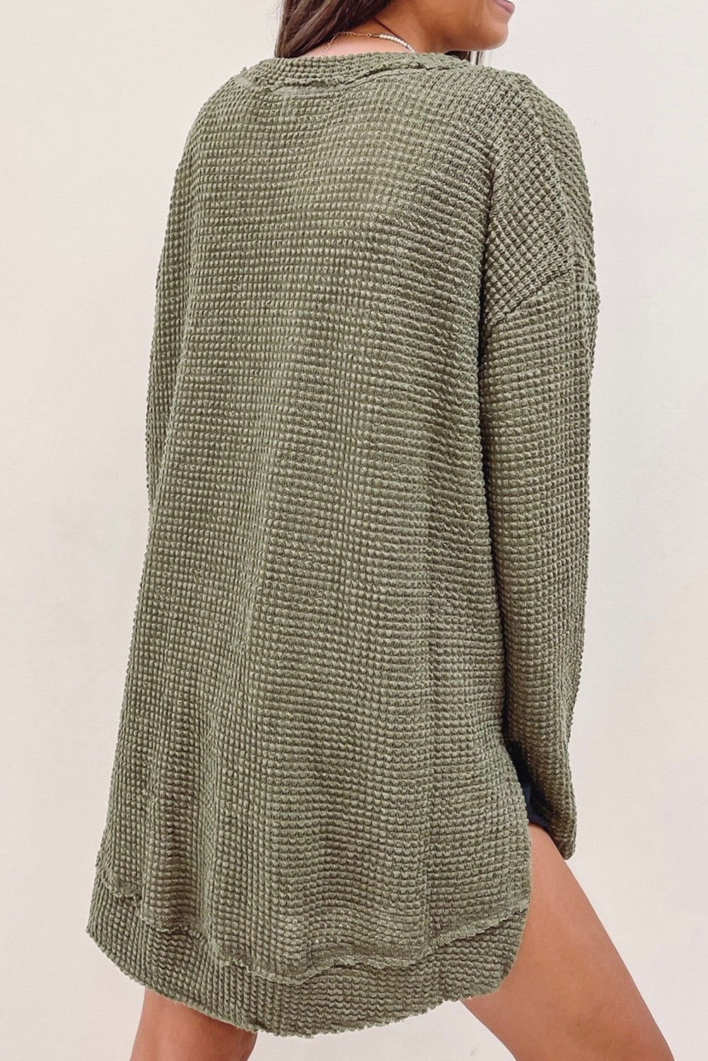 Green Waffle Knit High Slits Oversized Top