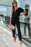 Metallic Neck Decor Belted High Waist Jumpsuit