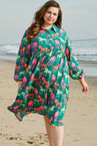 Green Horse Printed Long Sleeve Collared Buttoned Plus Size Midi Dress