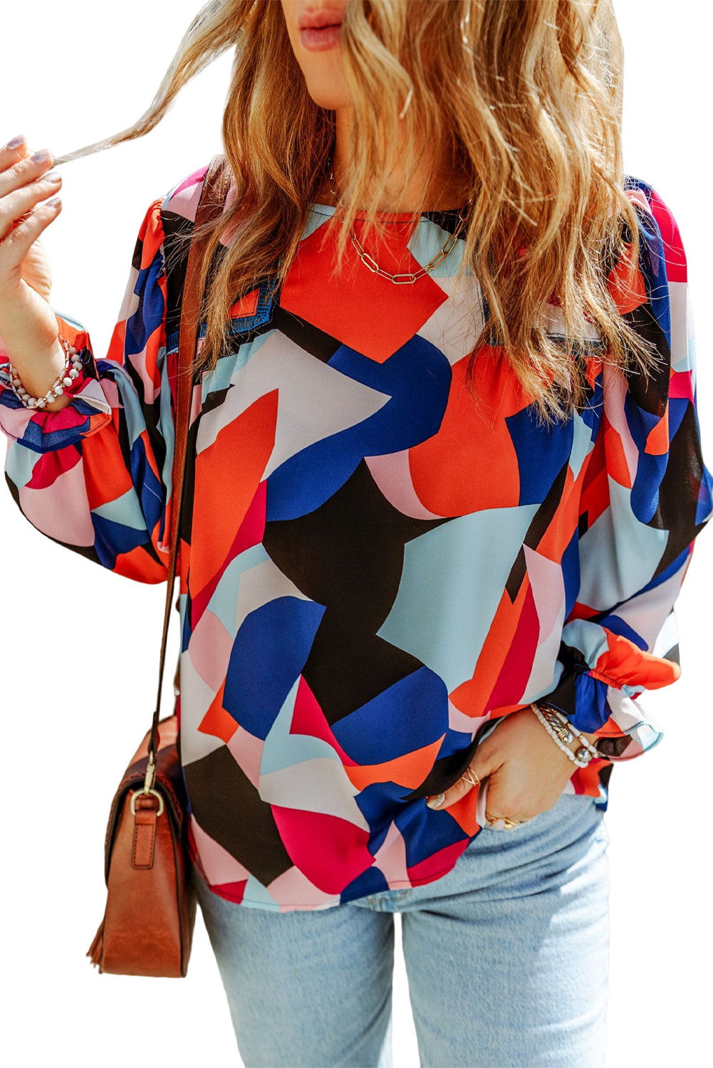 Abstract Pattern Crewneck Ruffled Puff Sleeve Blouse