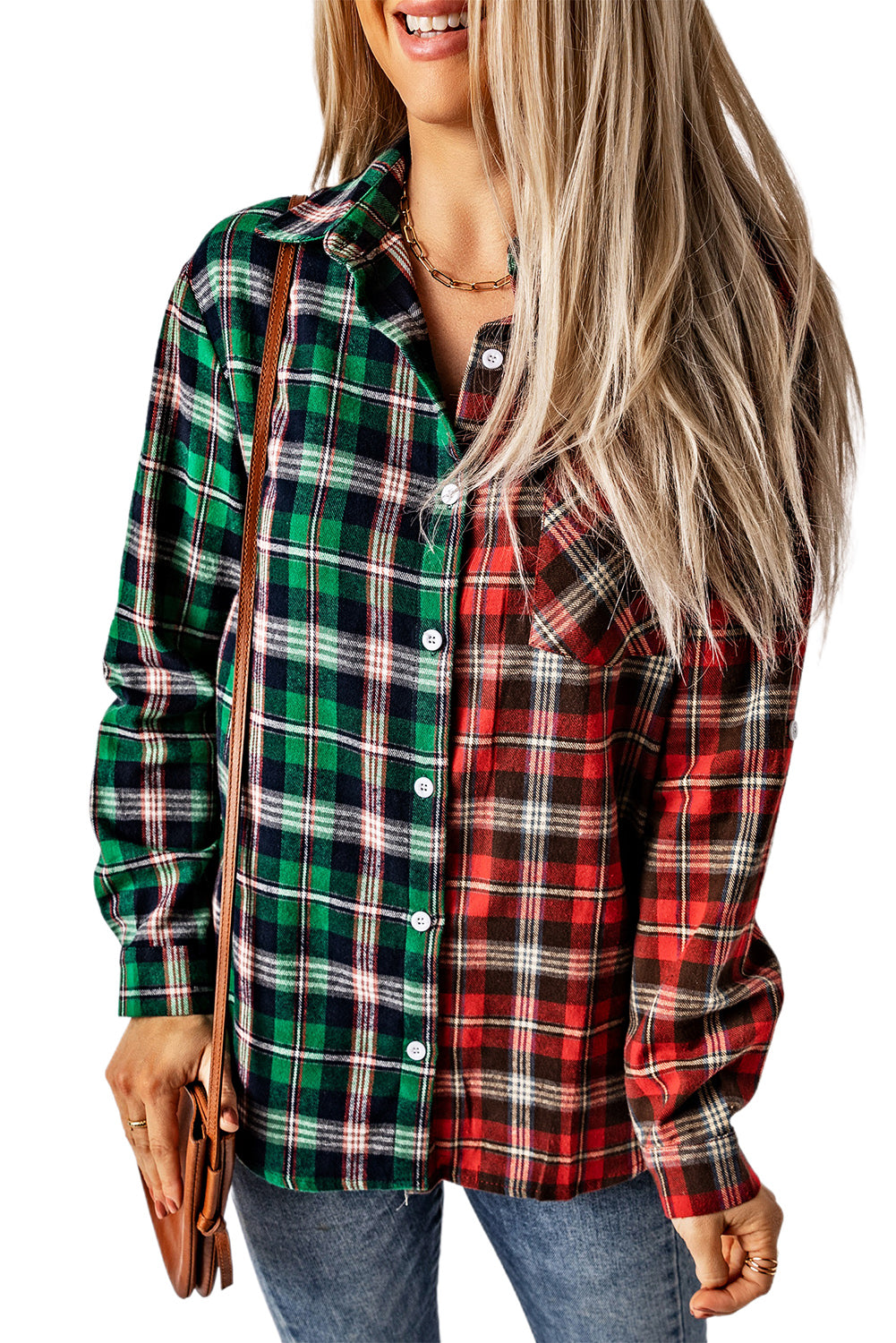 Plaid Color Block Buttoned Long Sleeve Shirt