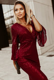 Deep V Neck Bell Sleeve Sequin Dress