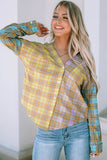 Mixed Plaid Long Sleeve V Neck Buttoned Shirt