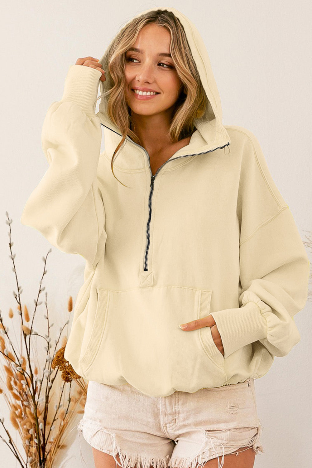 Ribbed Trim Kangaroo Pocket Zipped Hoodie