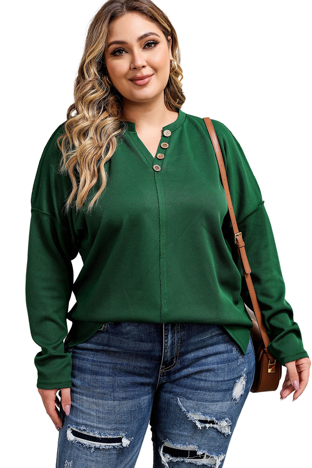 Exposed Seam Henley Buttoned Plus Size Long Sleeve Top