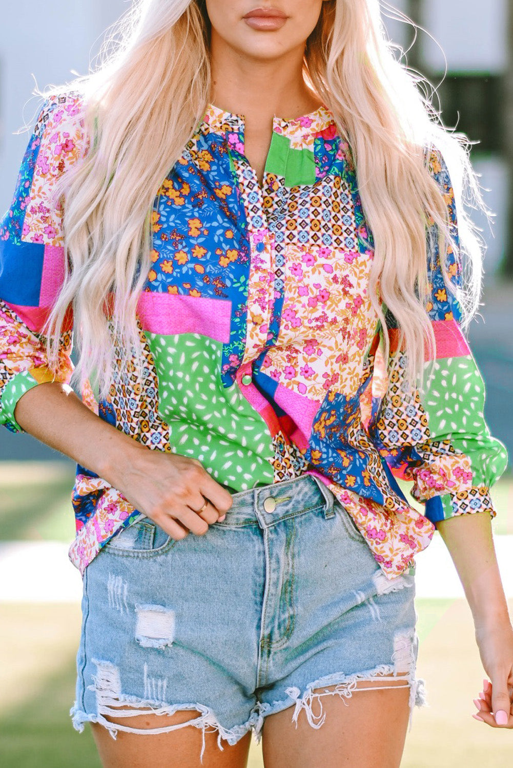 Floral Patchwork Print Buttoned Puff Sleeve Shirt