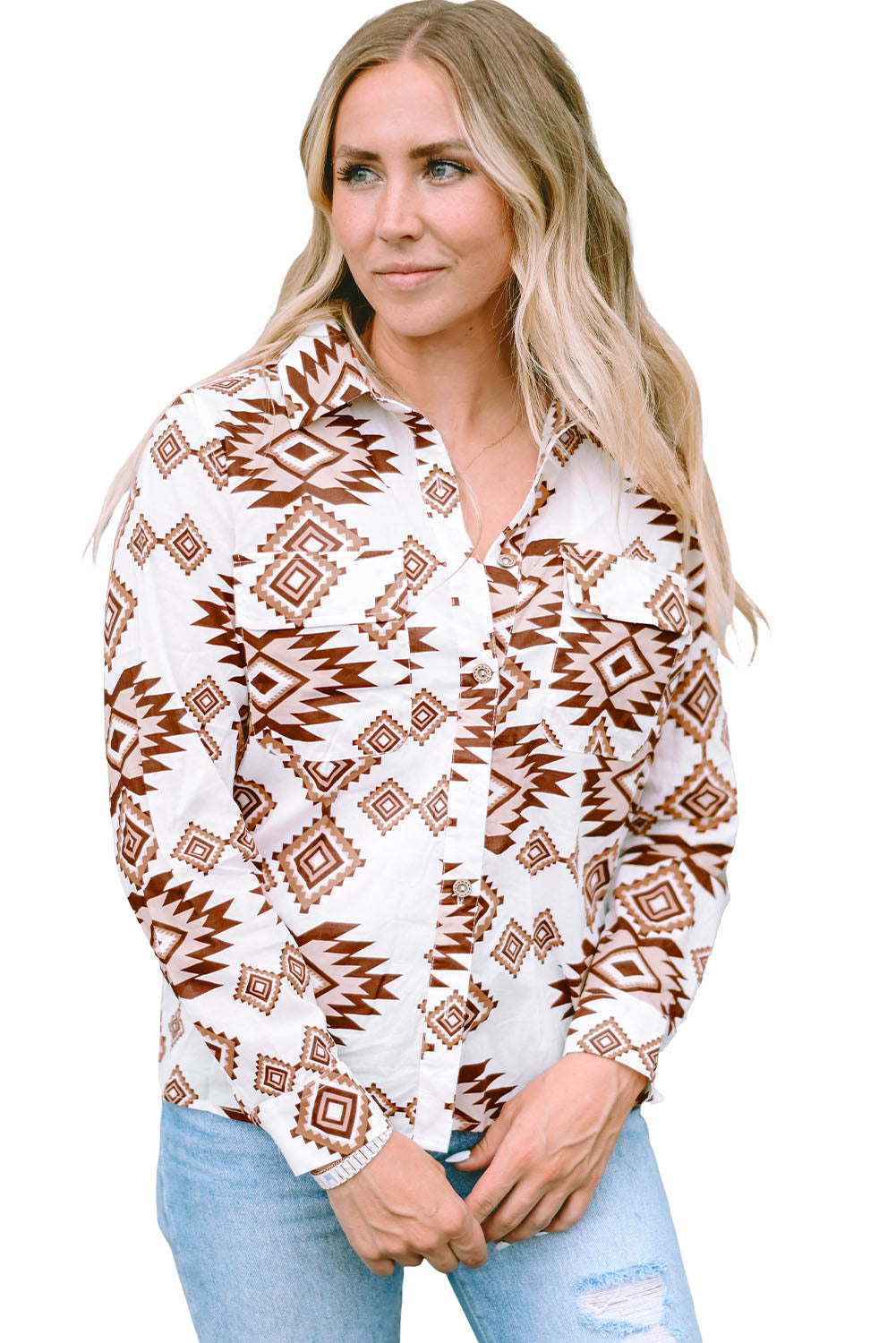 Western Aztec Pattern Button Flap Pocket Shirt