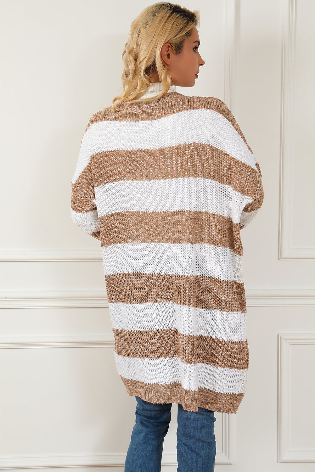 Striped Colorblock Rib Knit Bubble Sleeve Midi Cardigan