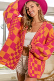 Open Front Mixed Checkered Pattern Knit Cardigan