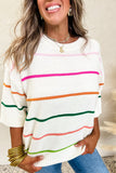 White Colorblock Striped Half Sleeve Drop Shoulder Sweater