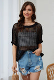 Fishnet Knit Ribbed Round Neck Short Sleeve Sweater Tee