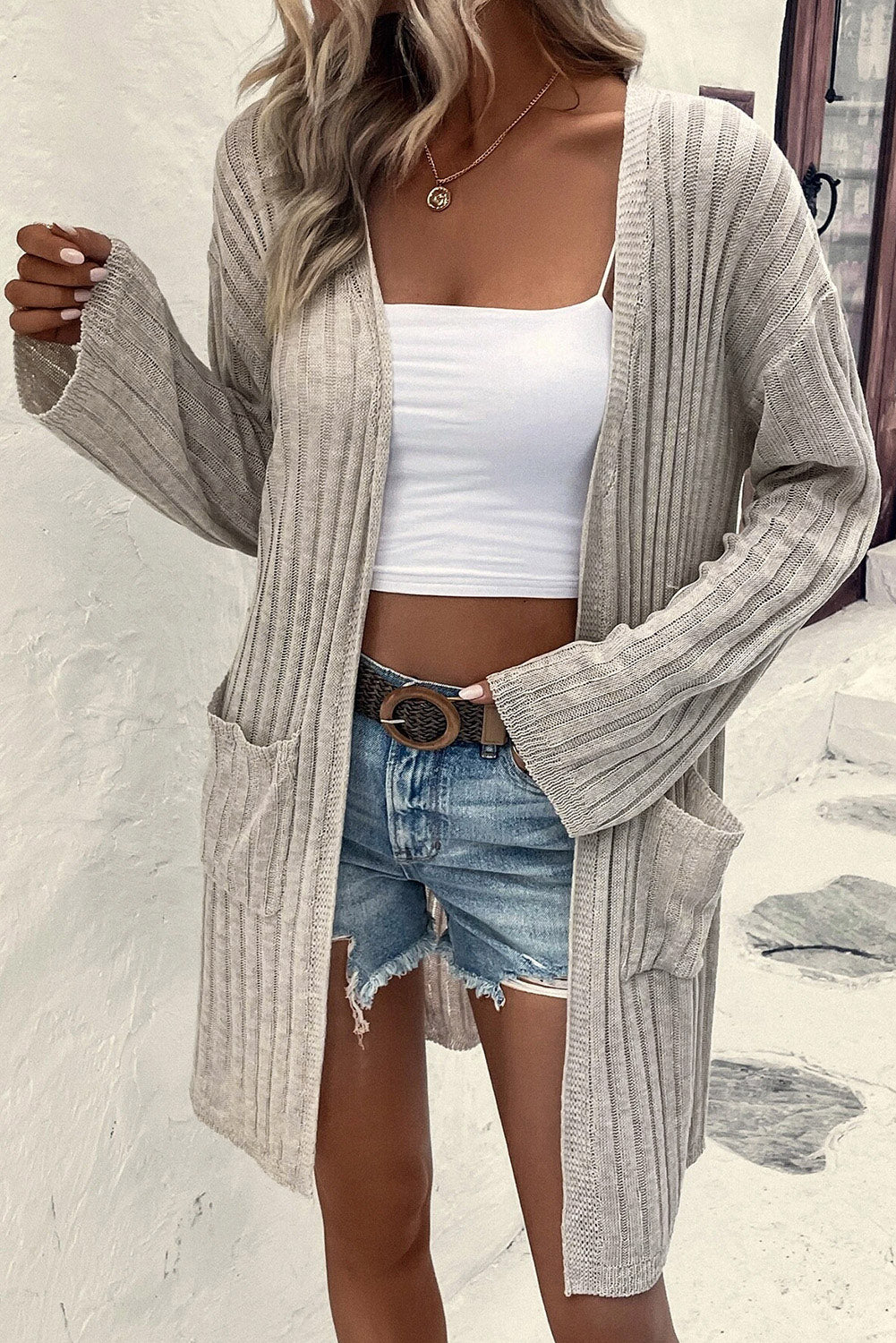 Loose Ribbed Knit Pocketed Open Cardigan