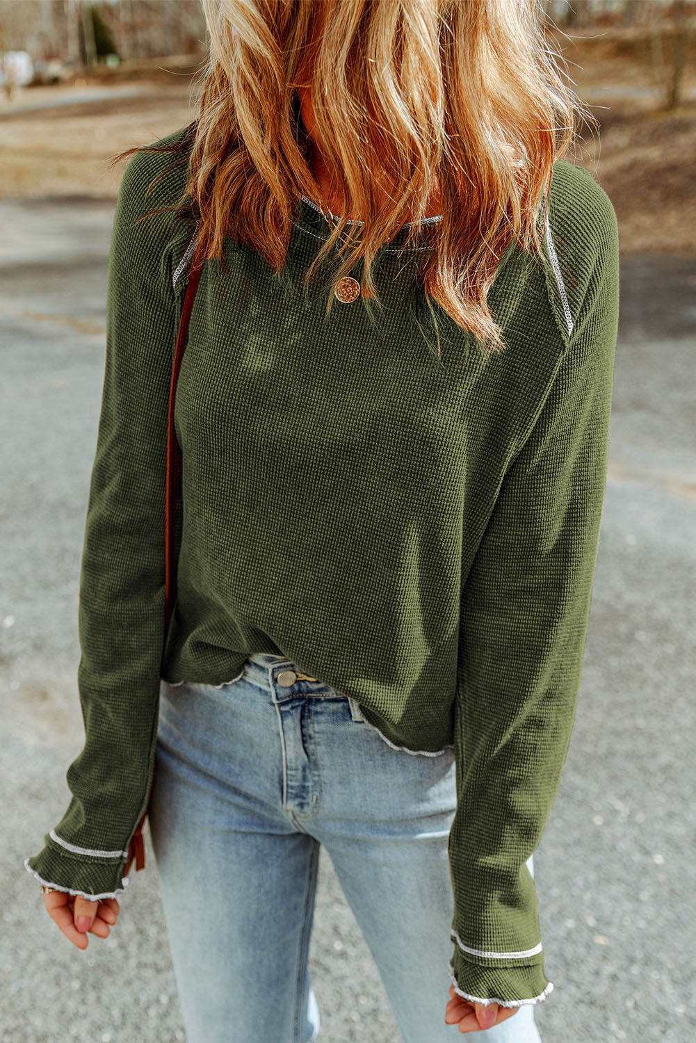 Brown Textured Round Neck Long Sleeve Top