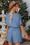 V Neck Smocked Waist Pocketed Chambray Romper