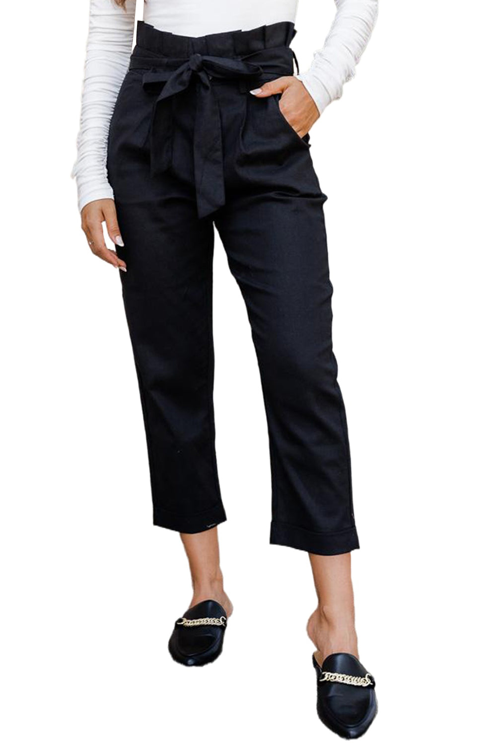 Pantalon droit taille haute noir avec ceinture paperbag