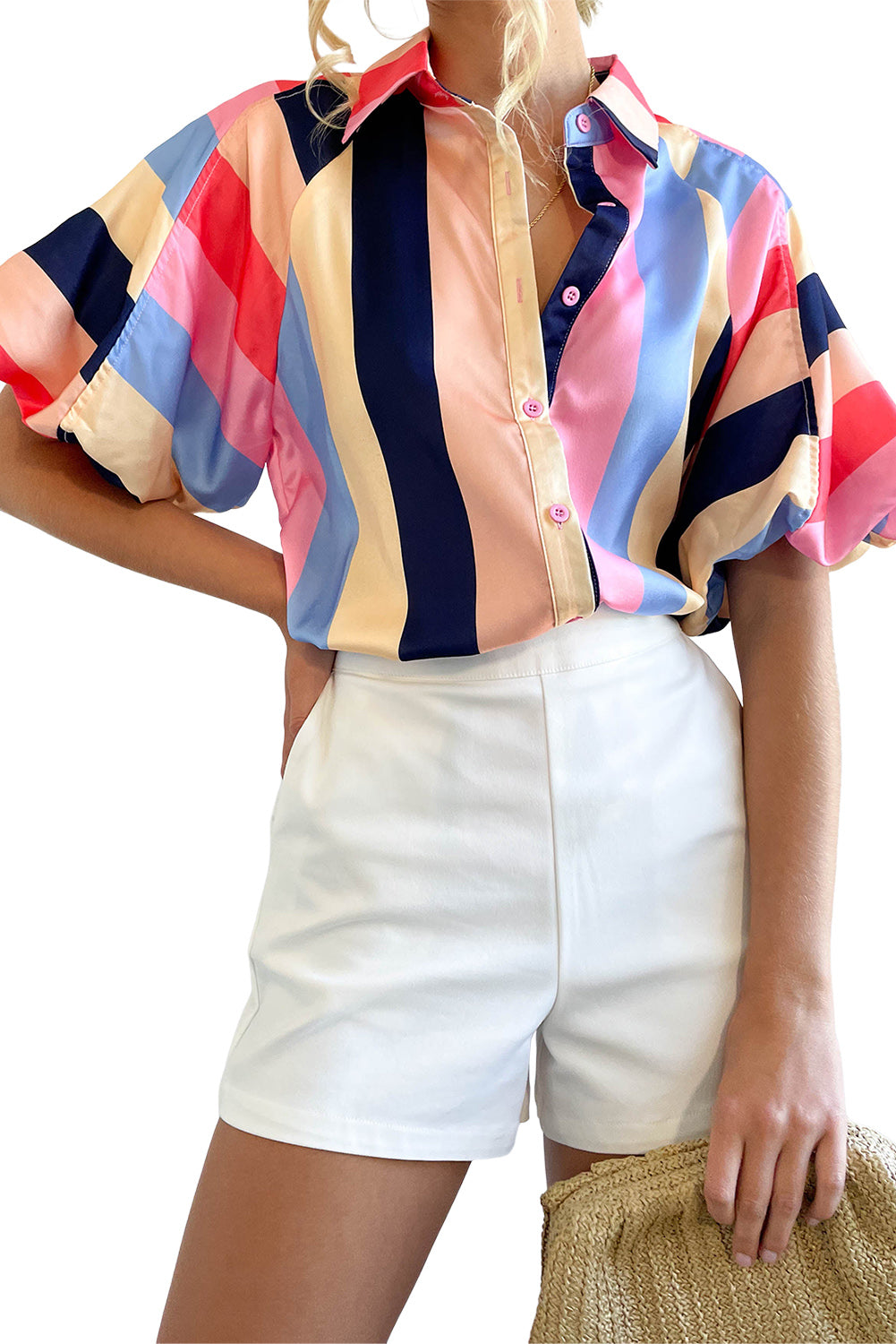 Color Block Striped Puff Sleeve Buttoned Shirt