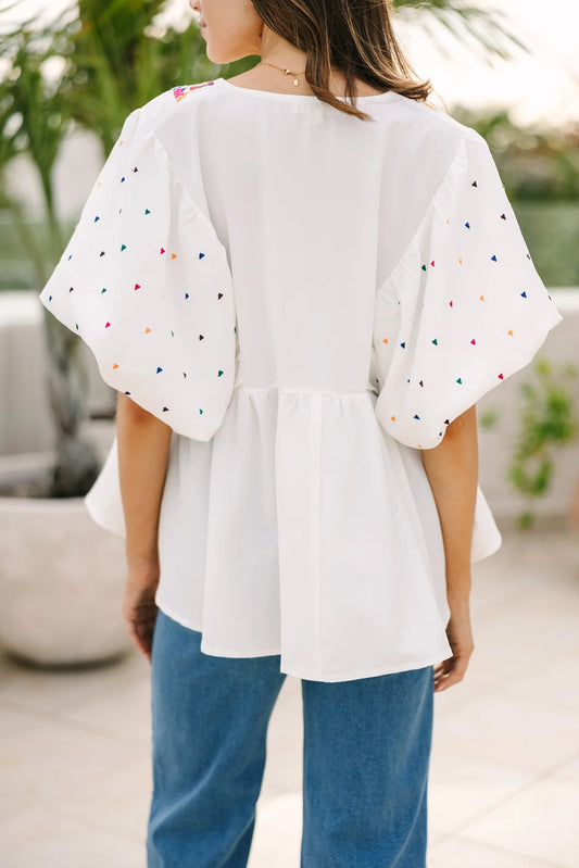 White Embroidered Puff Sleeve V Neck Blouse