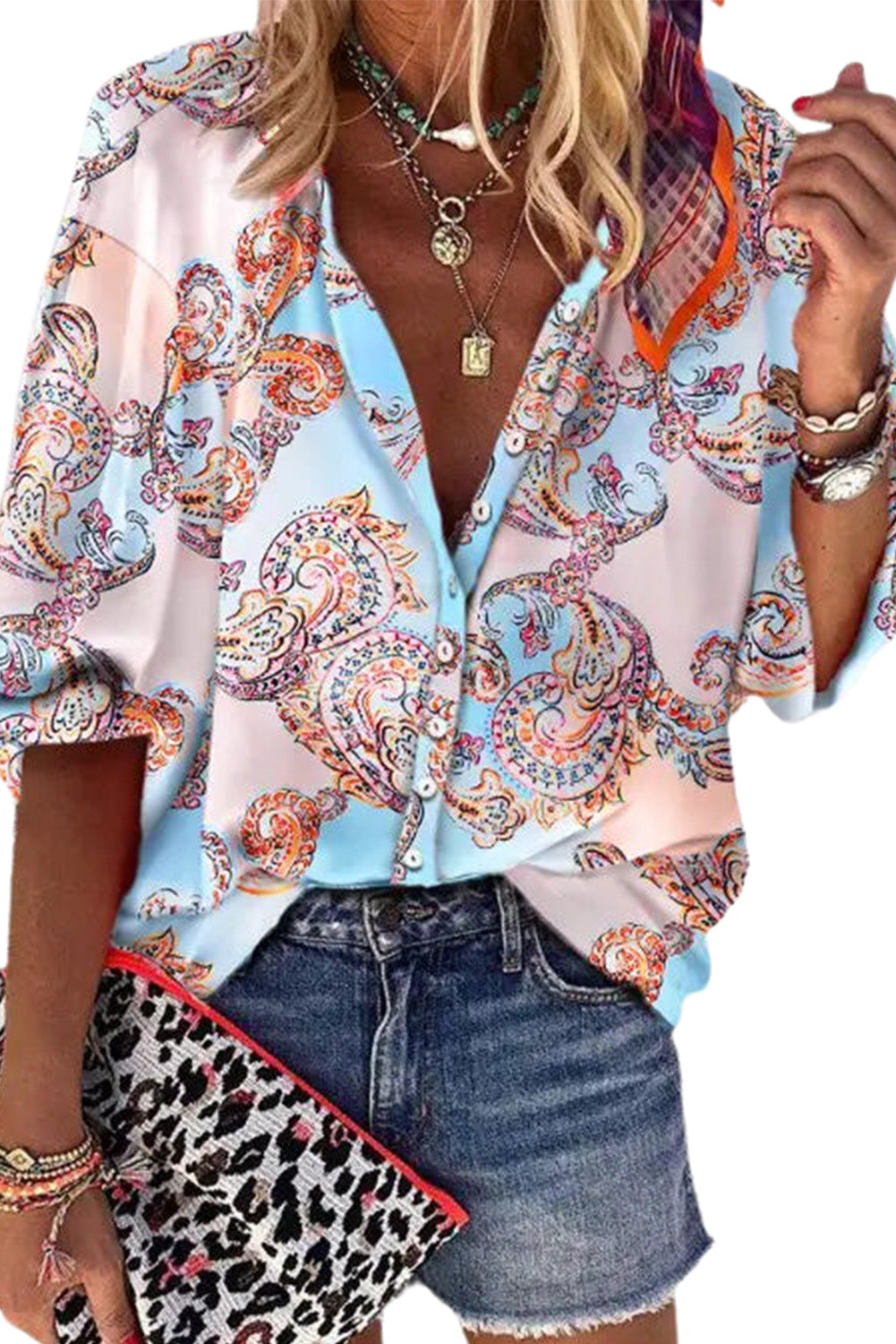 Boho Paisley Print Lantern Sleeve Button-Down Shirt