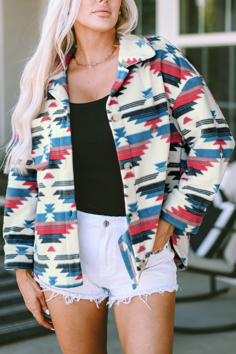 Aztec Print Button-up Turn Down Collar Shacket