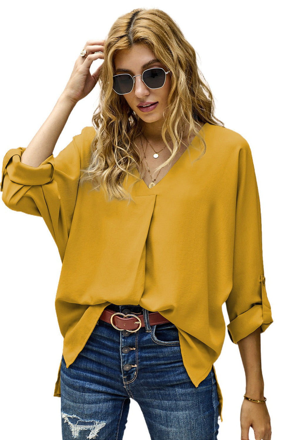 V Neck 3/4 Sleeve High Low Hem Shirt