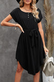 Buttons Crewneck Lace-up High Waist Mini Dress