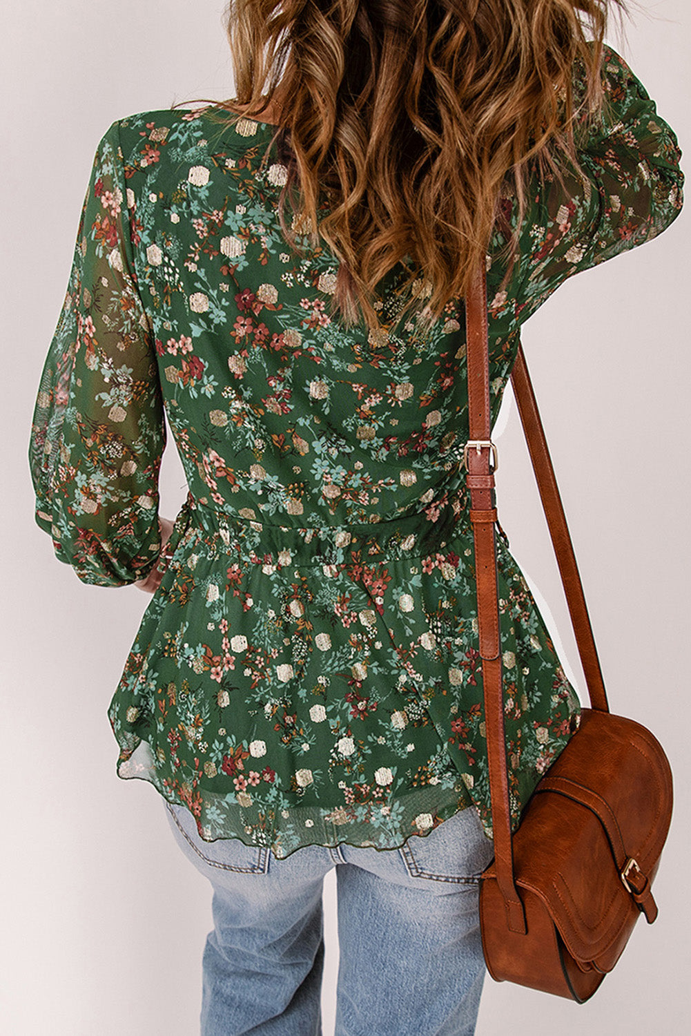 Floral Print Wrap V Neck Peplum Top