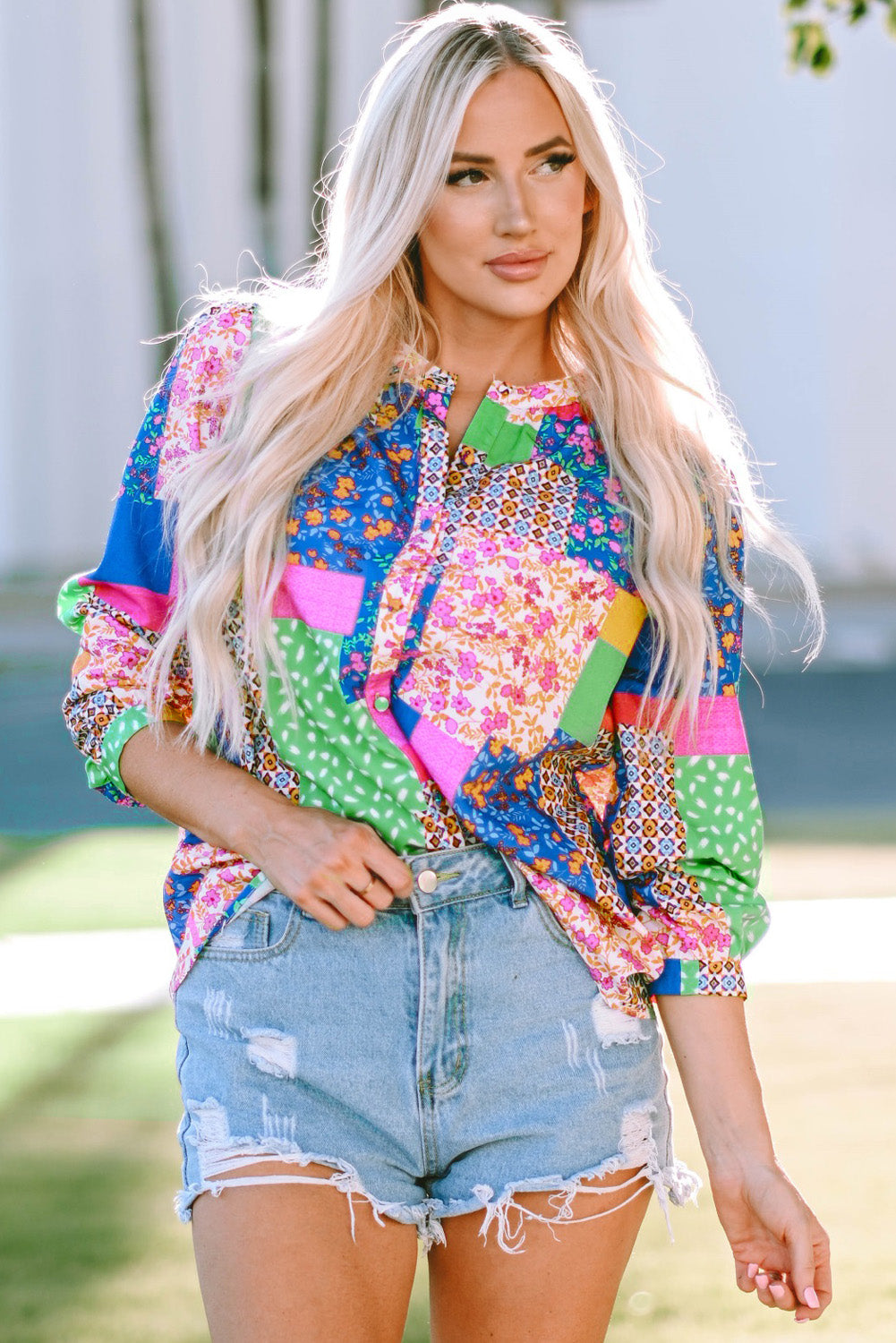 Floral Patchwork Print Buttoned Puff Sleeve Shirt