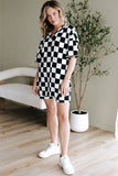 Black Checkerboard Print V Neck Loose Tee and Shorts Lounge Set