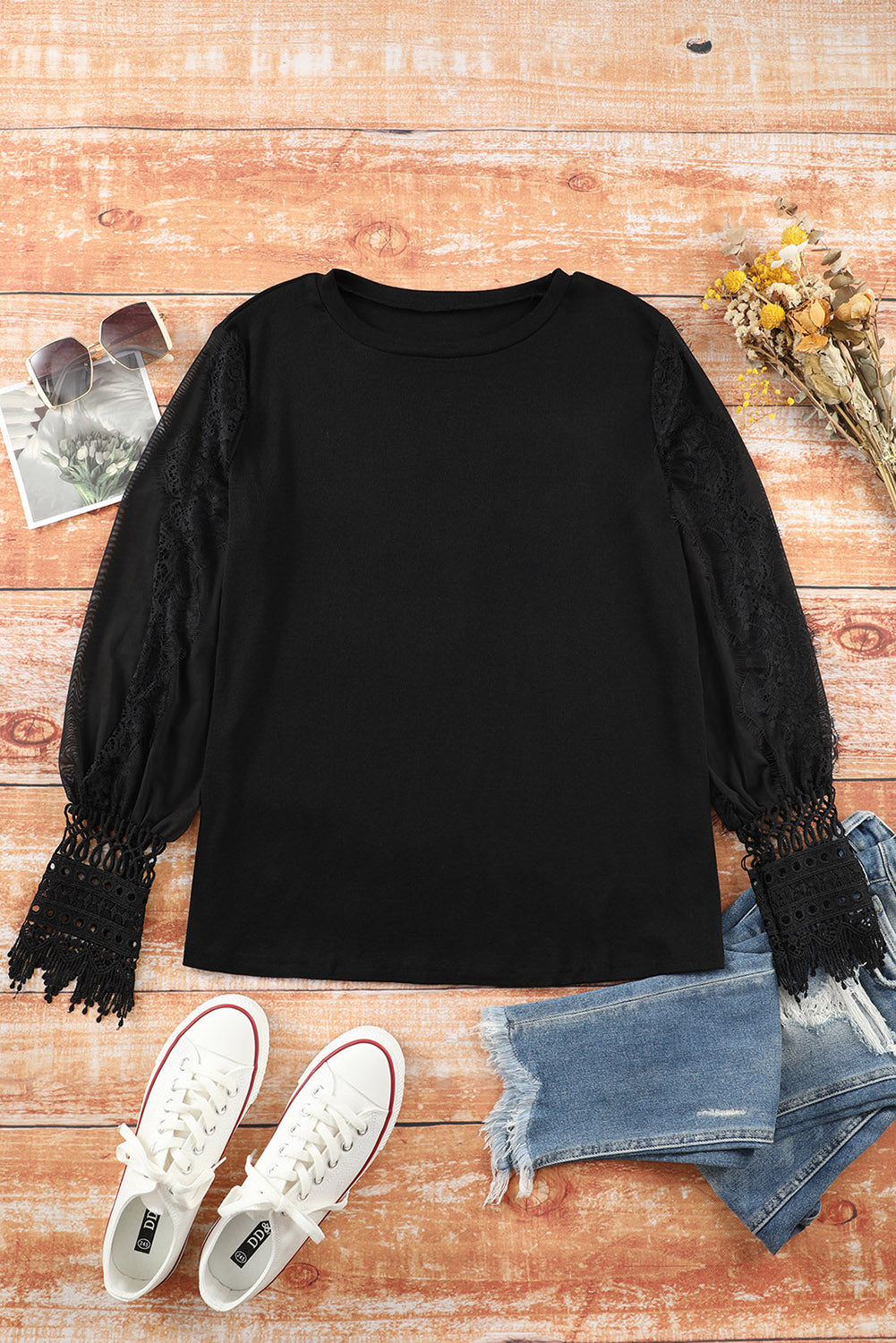 Sheer Lace Mesh Bishop Sleeve Top