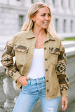 Khaki Aztec Print Patchwork Frayed Edge Corduroy Jacket