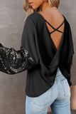 Sequin Patchwork Sleeve Open Back Waffle Knit Top