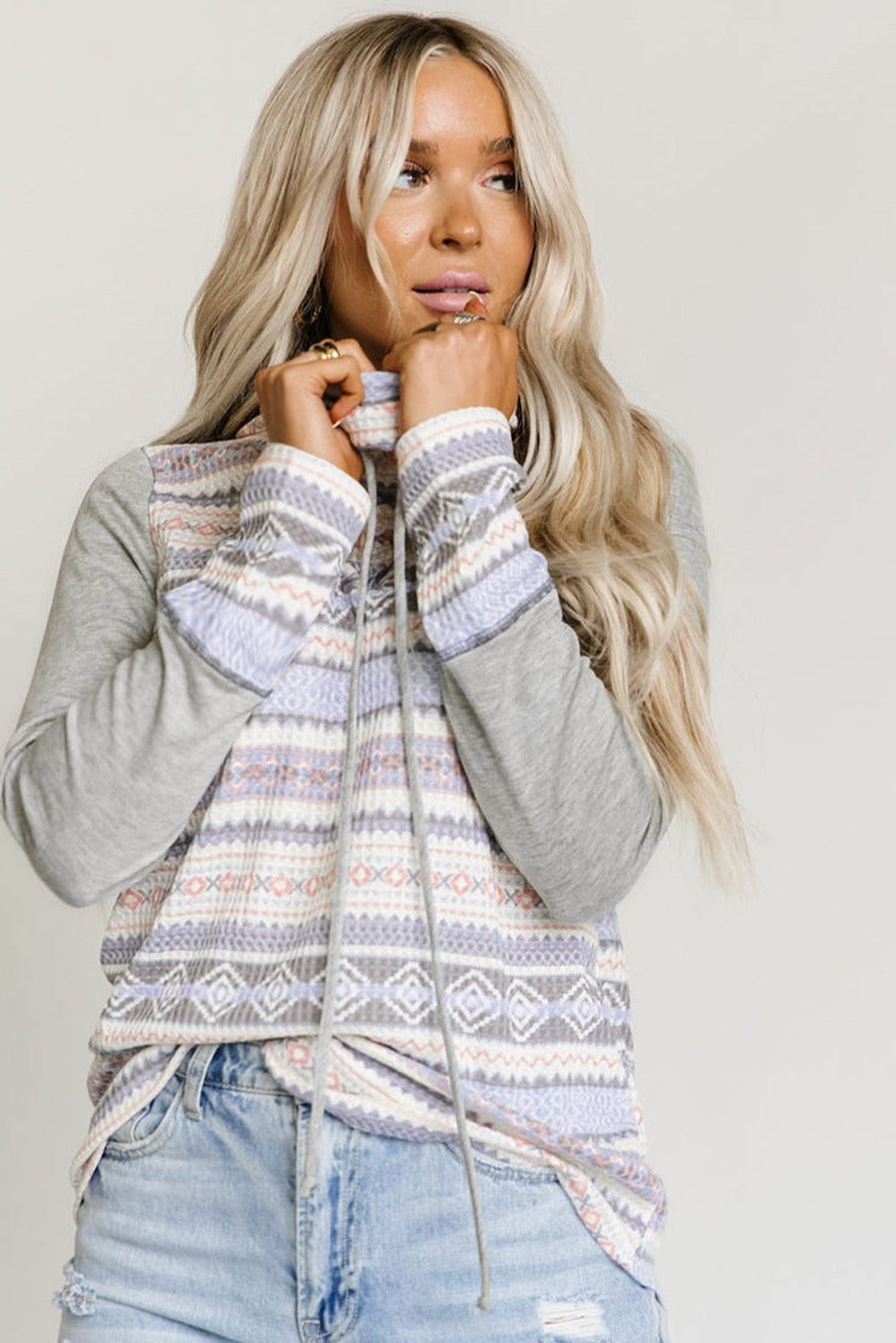 Aztec Print Waffle Knit Cowl Neck Sweatshirt