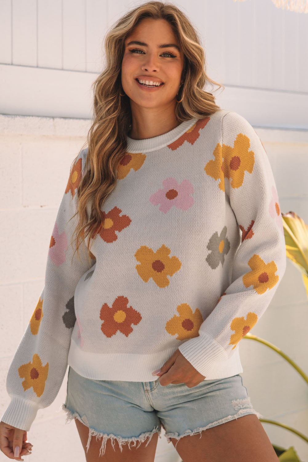 Sweet Flower Knitted Ribbed Hem Sweater