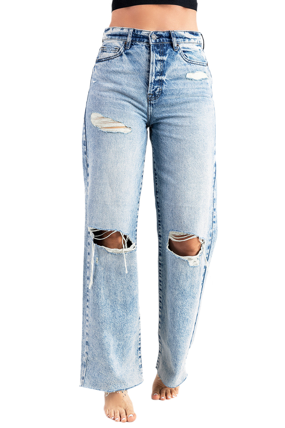 Distressed Hollow-out Knees Wide Leg Jeans