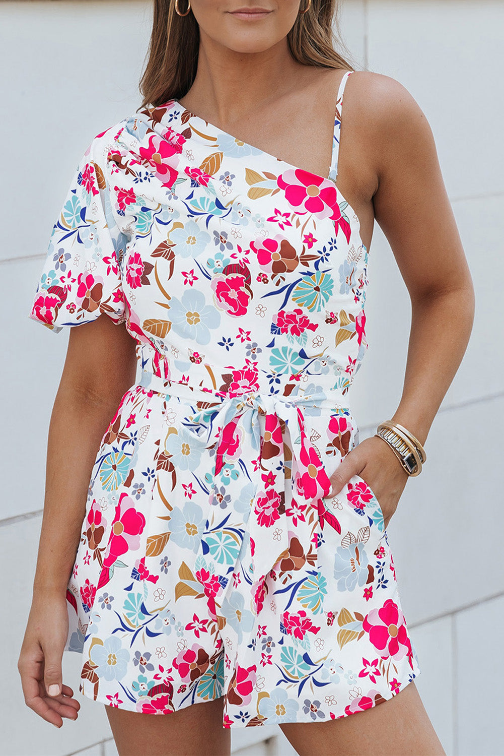 Floral Single Bubble Sleeve Slant Shoulder Romper