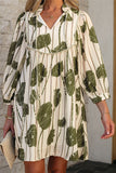 Guacamole Green Floral Striped Print Contrast Piping Puff Sleeve Dress