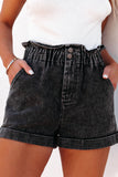 Black Vintage Washed Frilled High Waist Denim Shorts