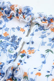 Robe florale bleue à volants et dos ouvert