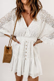 Lace Crochet Buttons Bell Sleeve V Neck Mini Dress