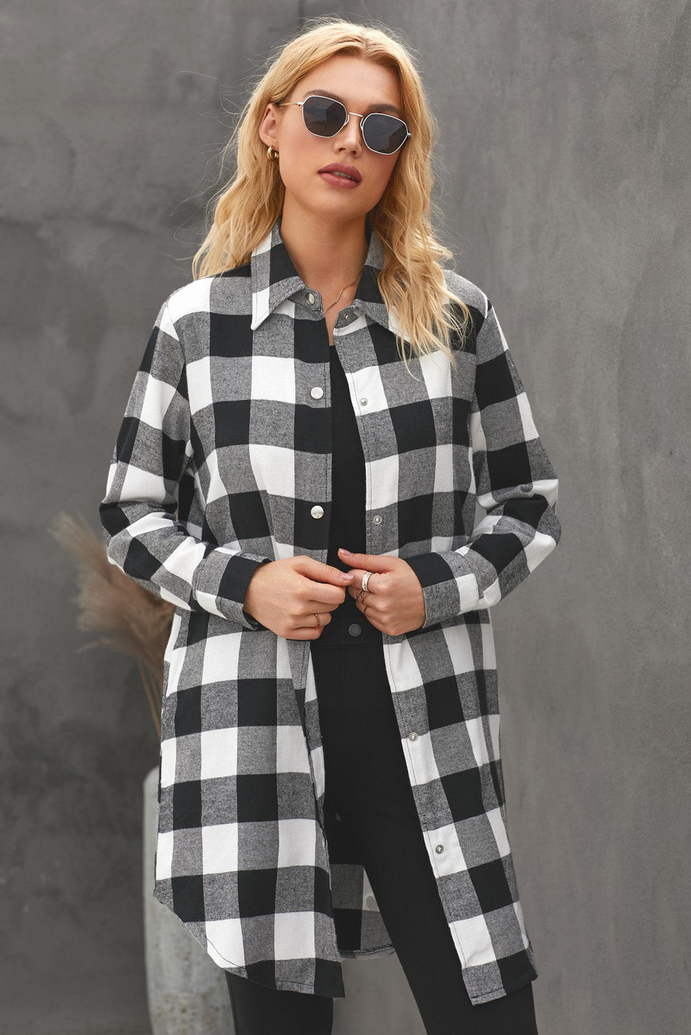 Brown Turn-down Collar Plaid Shirt Coat