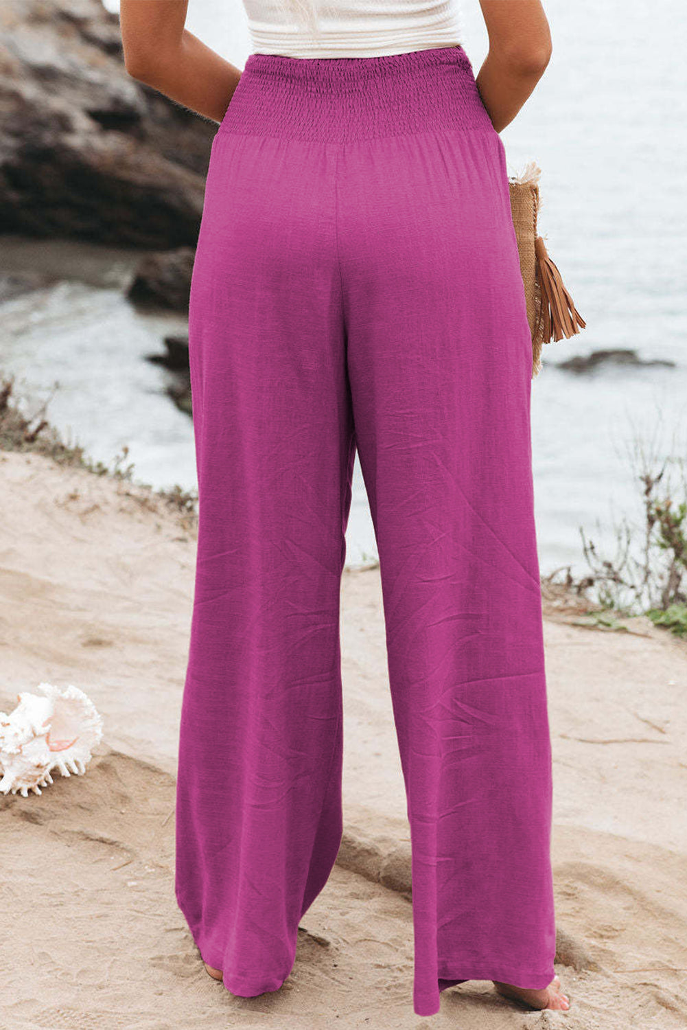 Pink Textured High Waist Wide Leg Plus Size Pants