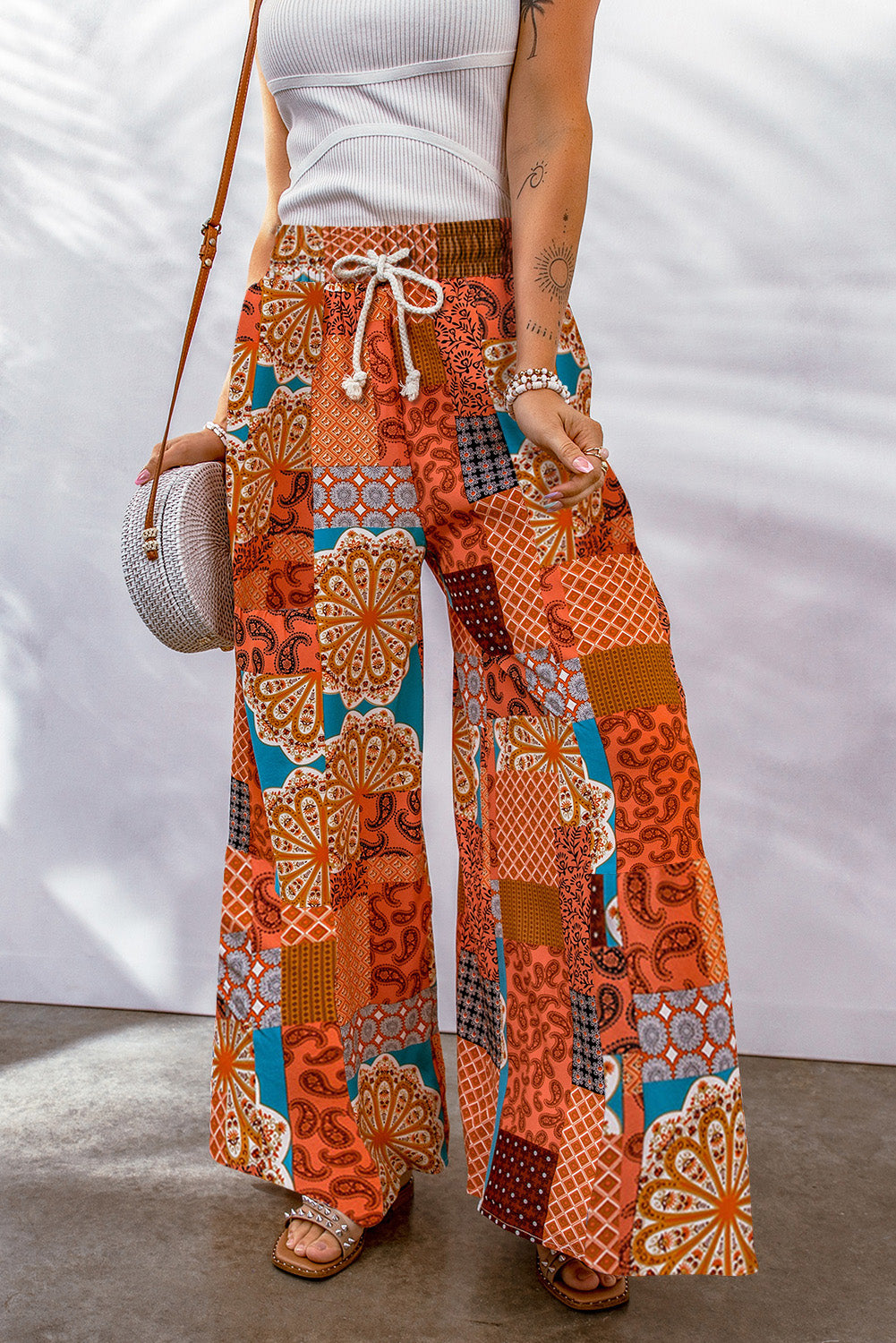 Boho Patchwork Print Drawstring Wide Leg Pants