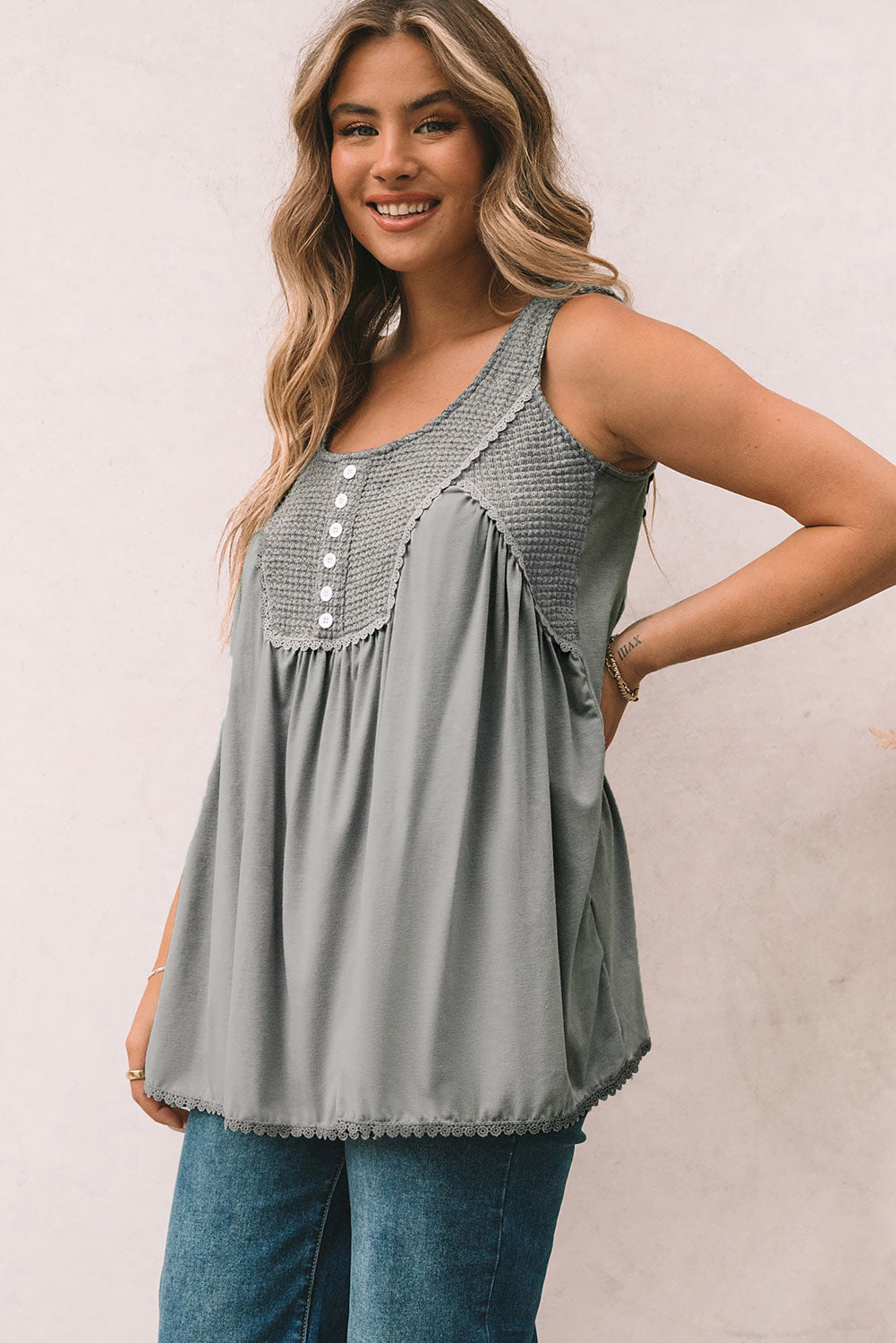 Gray Thermal Knit Panel Babydoll Tank Top