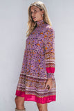 Purple Floral Smocked Puff Sleeve High Neck Mini Dress