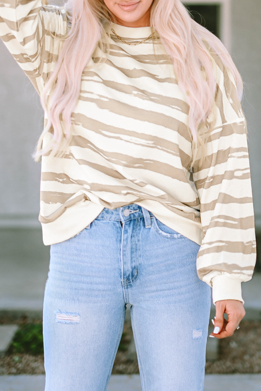 Khaki Oversized Striped Bishop Sleeve Pullover Sweatshirt