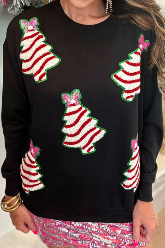 Black Bow Christmas Tree Patched Pullover Sweatshirt