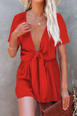 Plunge V Neck Knotted Short Sleeves Romper