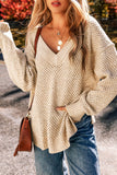 Jungle Green Loose Eyelet V Neck Drop Shoulder Sweater